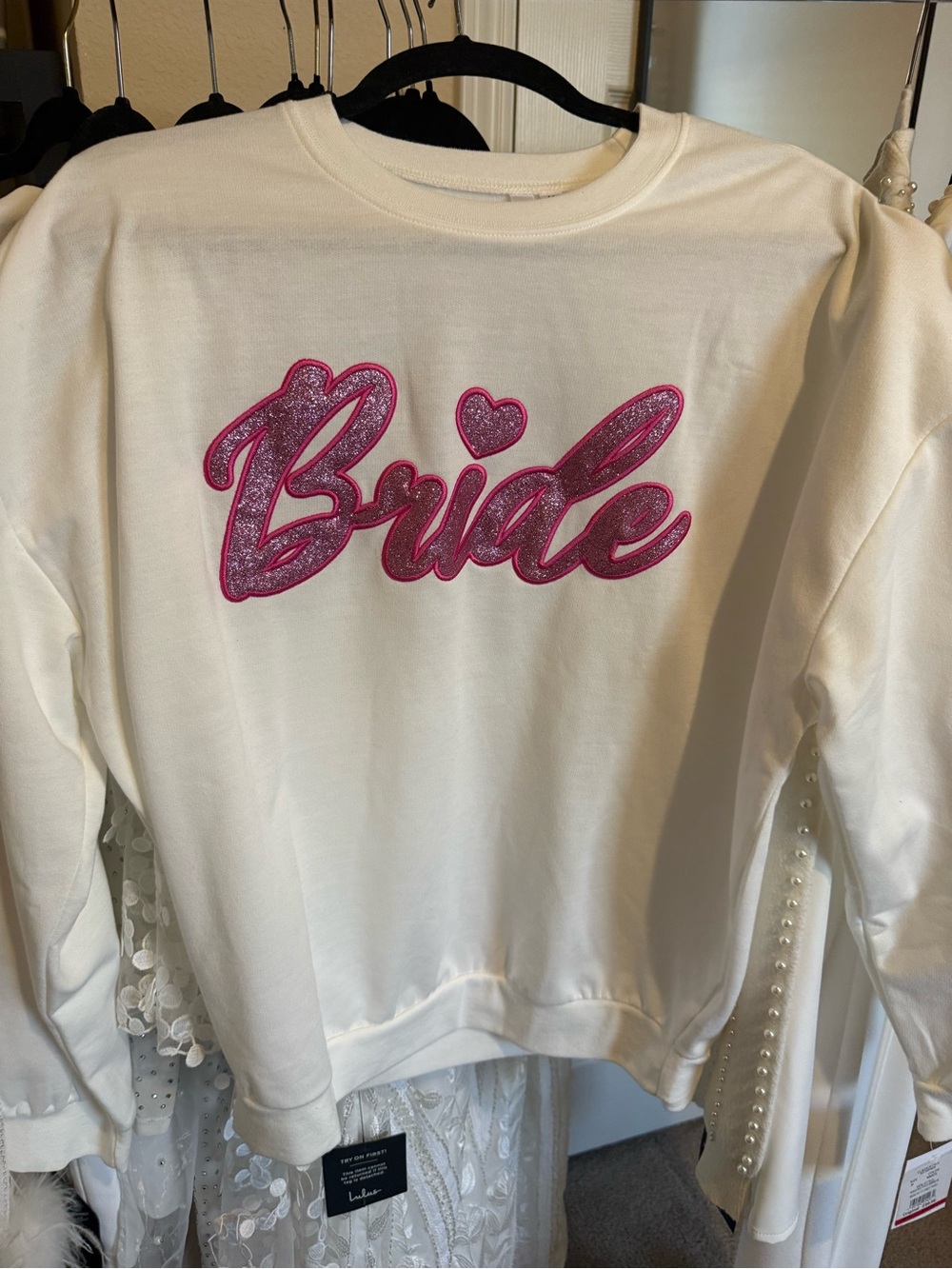 David's Bridal White Crewneck Sweatshirt with Pink Glitter "Bride" Script